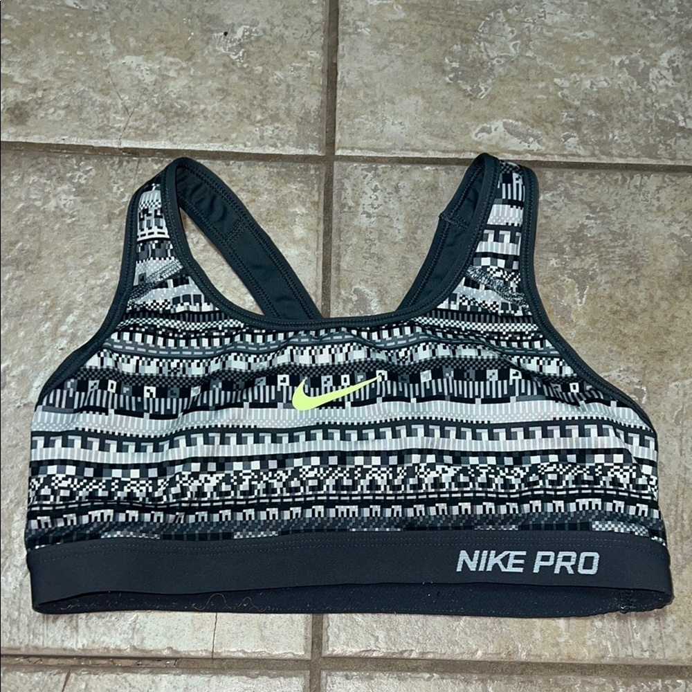 Nike Pro sports bra with grey tribal print